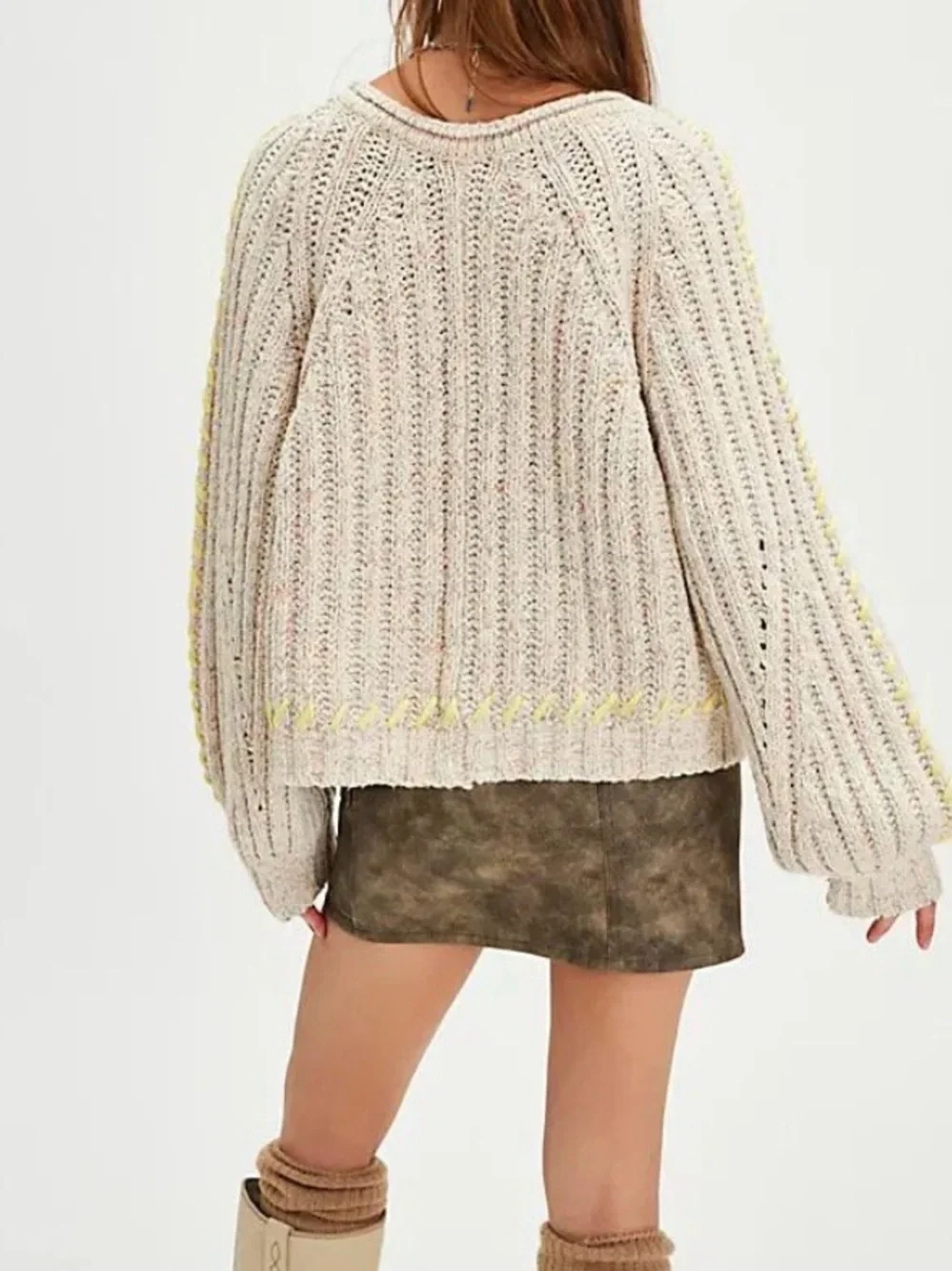 Free People Whipstitch Pullover sweater Gardenia Ivory Combo SZ S NWT